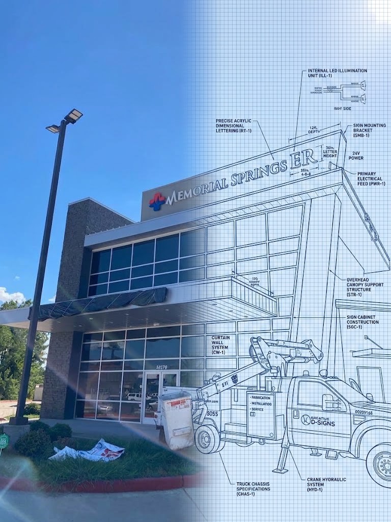 Houston Medical ER pylon sign — from fabrication blueprint to finished, installed sign, by Kreative D-Signs, Spring, TX